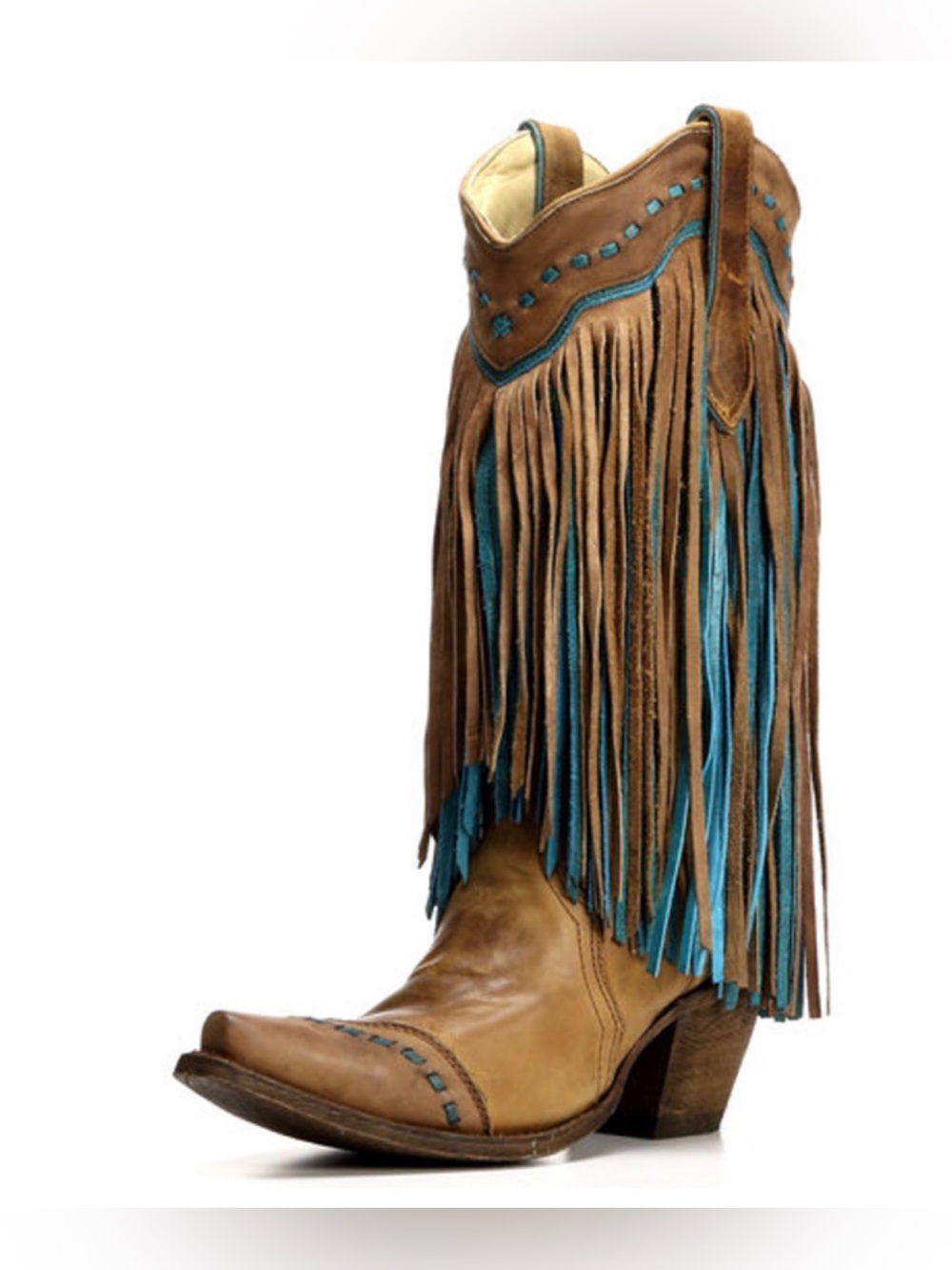Corral Fringe Western Boots Tan and Turquoise. Size 7.5 M